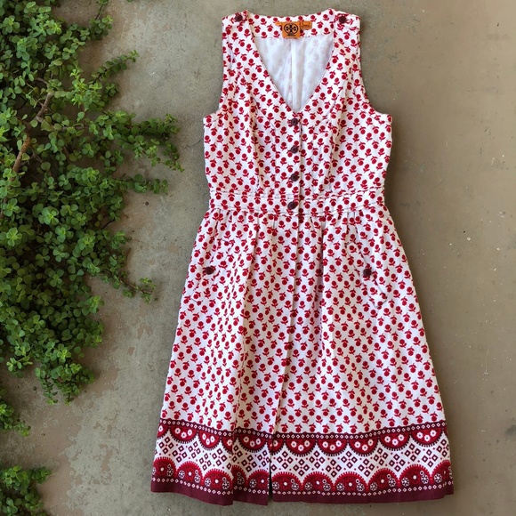 Tory Burch Dresses & Skirts - Tory Burch Red Floral Linen V-Neck A-Line Dress